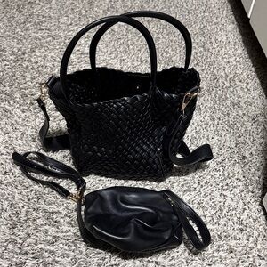 Black Woven Tote Bag with Removable Pouch - Women's Handbag